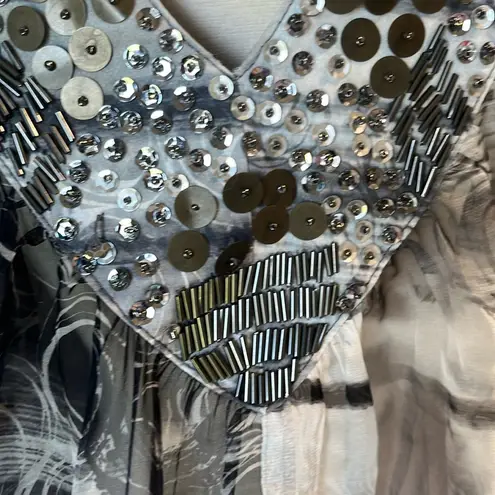 Top Silky Sheer Plunge Neck Black White Oversized Womens Small Sequin Bat Wing