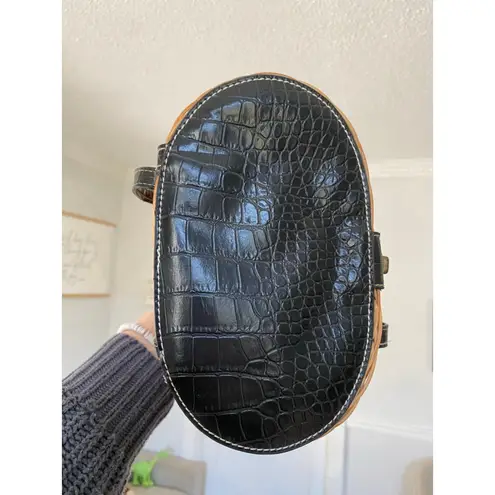 Vintage Wicker Basket Purse with Black Faux Croc Leather Trim & Gingham Lining Brown