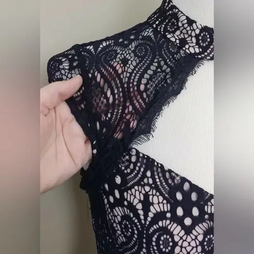 Mystic Black Lace Beige Lined High Neck Modcloth Cocktail Dress by Whimsigoth