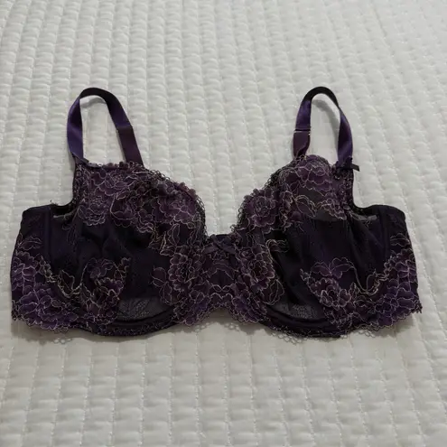 Cacique 40DDD Purple Floral Lace Metallic Unlined Balconette Bra Underwire