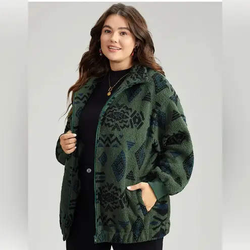 Bloomchic Green Black Sz 10 Aztec‎ Print Sherpa Fleece Jacket Full Zip Cozy Fall