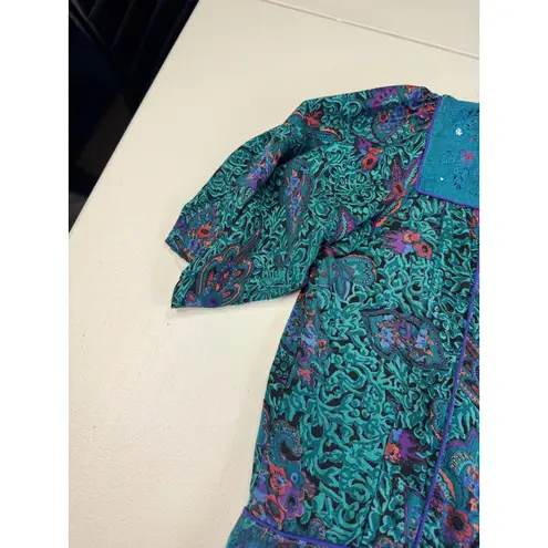 Vintage Phool Paisley Midi Dress Teal Purple Mock Neck Short Sleeve India M Green Size M