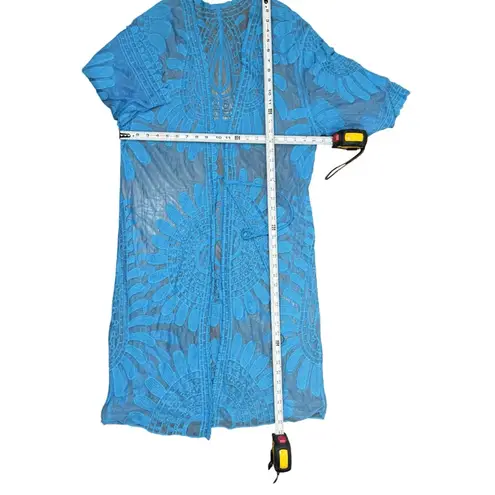 Rebellione Size M /L Long Blue Sheer Cover Up Kimono With Embroidered Floral