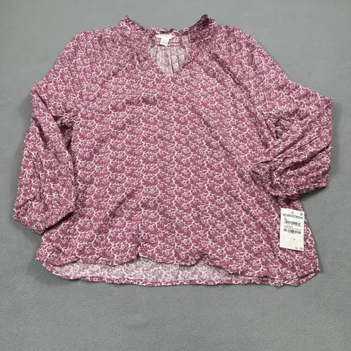 Caslon Nordstrom Top S Purple Floral Print Ruffle Neck Long Sleeve Blouse V Neck