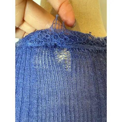 PPLA Shirt Women Small Blue Knit Linen Blend Fringe Stretch Henley Top Sheer