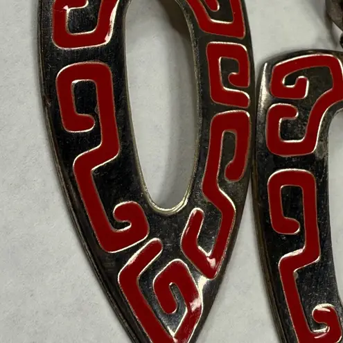 Retro Red and Silver Color Metal Dangle Earrings Pierced Post Aztec Tribal