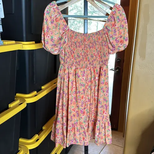 Peach Love California Orange Floral Sweetheart Ruched Front Dress Size Small