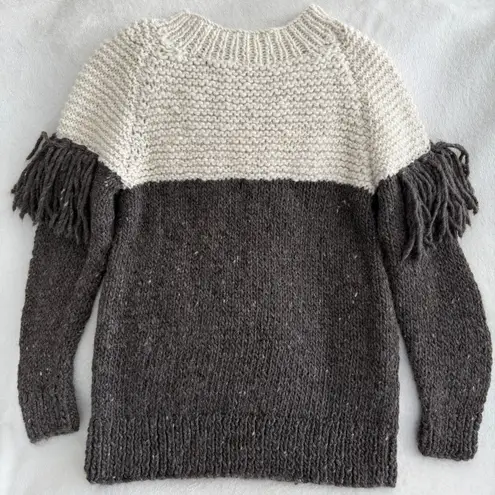 Handmade Alpaca Wool Sweater M/L Fringe Hand Knit Boho Artisan Peru Eco Undyed Brown Size M