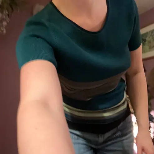 Alfani 100% Silk Small Striped Knit Baby Tee Petite Teal Green Black 90s Y2k Mod Blue Size undefined