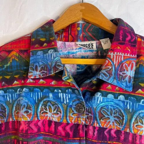 Chicos Design Bold Abstract Artsy Colorful Button Front 100% Cotton Jacket 3/LG