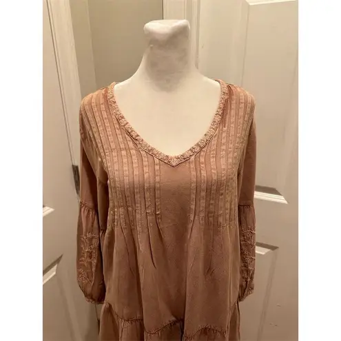 Solitaire Women's Boho A-Line Dress Tan/Pink Long Sleeve V-Neck Size S