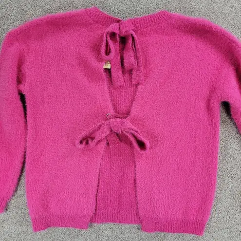 ee:some  Womens Back Tie Sweater Medium Pink Eyelash Faux Fur Ribbed Trim NEW