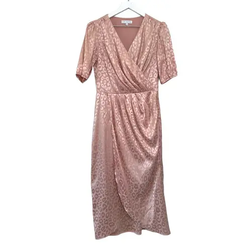 Ivy City Co Blush Pink Satin Leopard Print Wrap Midi Dress Size Medium