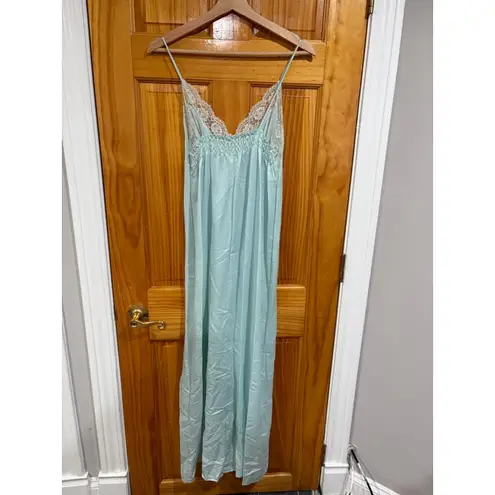 Vintage Sears Satin Nightgown Aqua Blue Lace Trim Long Slip Dress S 32/34 USA White