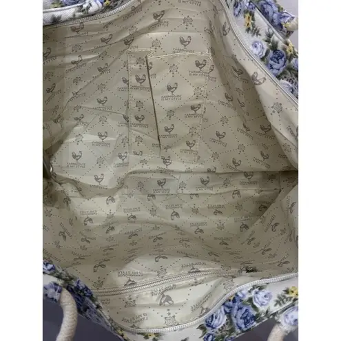 Blue/Ivory Floral Tote "Farmhouse Is My Style" Large Bag Rope Handles Zip Close
