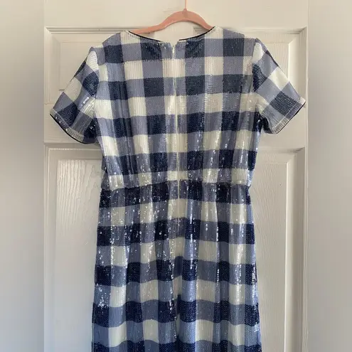 J.Crew NWT  Short-Sleeve Sequin Dress In Gingham Women Blue/White Midi Size 10