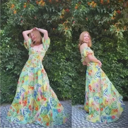 STAUD Coliseum Off-The-Shoulder Linen Tropical Print Dress Size 8