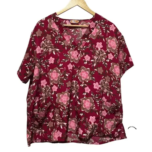 Silky Soft Scrubs Women Top XL Burgundy Pink Floral Microfiber Workwear Uniform