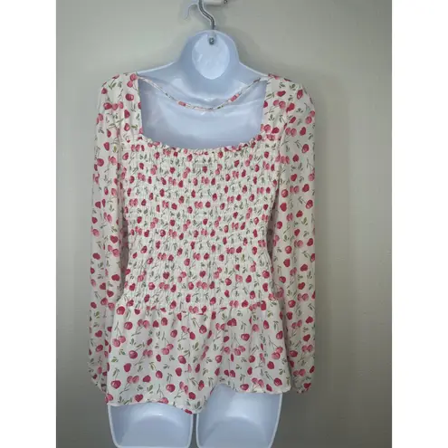 Ny&co NY&C Cherry Print Smocked Peplum Top Square Neck Long Sleeve Blouse XL