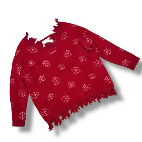 Grace & Emma Snowflakes Fuzzy Distressed Fringe Trim V Neck Sweater Red Small