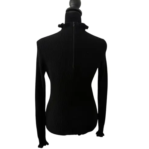 Vintage Lyle & Scott Cashmere Ribbed Mock Neck Ruffle Sweater Women XS Preppy Black