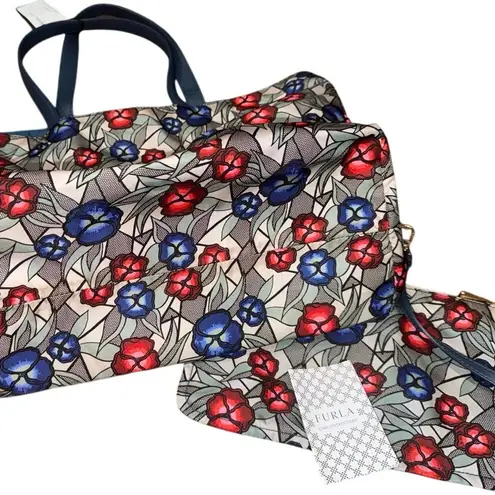 Furla NWT Toni Marmo Floral Tote Italian Designer Canvas/Leather w/ Pouch