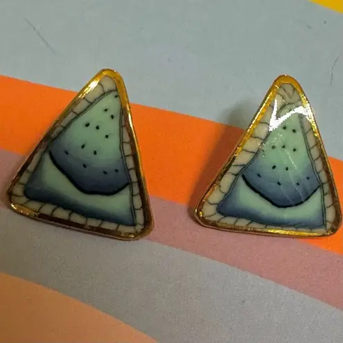 Blue hand painted ceramic triangle earrings