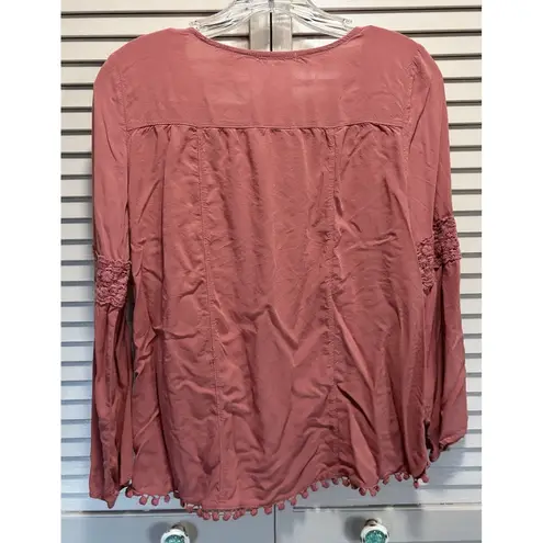 Maurice's  Long Flare Sleeve Crochet Tie Neck Shirt Size Small High/Low Clay Color