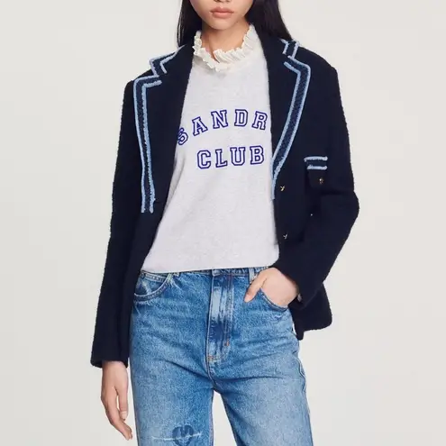 Sandro Noella Navy Tweed Blazer Sz 36 US Sz 4 Braid Trimmed Lined