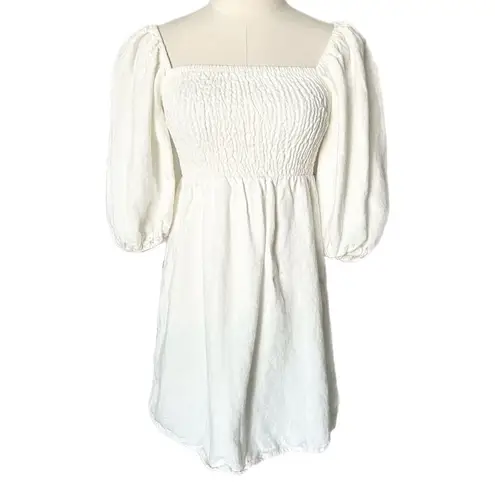 Tuckernuck White Linen Annie Smocked Square Neck Puff Sleeve Mini Dress Size XS