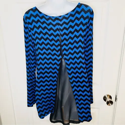 Shanley Chevron Mesh Back Casual Long Sleeve Top Hi Lo Hem Royal Blue Black M Size M