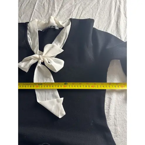 Nina Leonard Black Sweater Dress w/ Ivory Bow Tie Neck & Cuff Trim – Women’s M