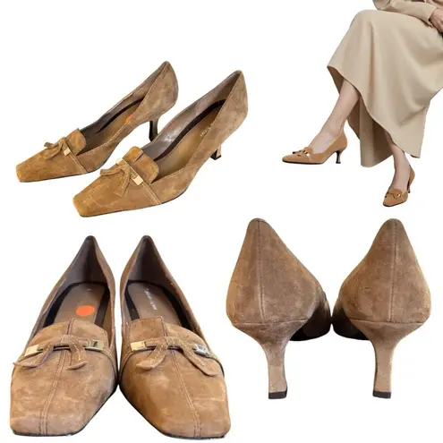 Etienne Aigner VINTAGE 90'S Y2K ETIENNE AIGNER BROWN SUEDE BOW KITTEN HEELS PUMPS 9.5