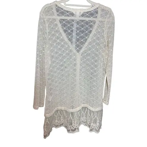Krazy Kat Ivory Cream Open Knit Long Sleeve Button Front Lace hem Top