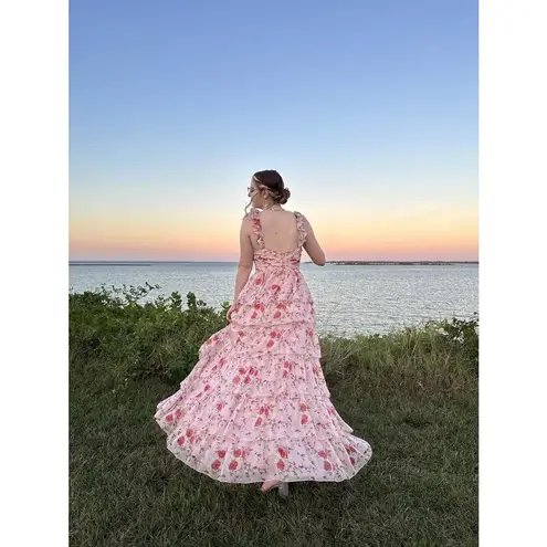 Mac Duggal Pink Floral Ruffled Sweetheart Sleeveless A-Line Gown Size 6