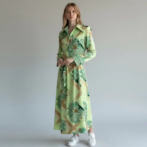 Vintage 70s Honeycomb Neon Green Brown Floral Belted Shirt Dress Medium Fit EUC
