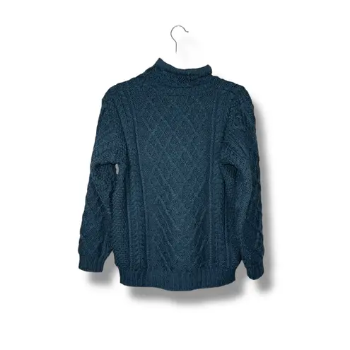 Aran Cable Knit Wool Blend Turtleneck Sweater Pullover Blue Small Womens