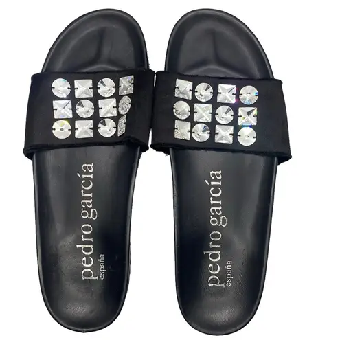 Pedro Garcia Amery Swarovski Crystal Satin & Leather Jeweled Slide Sandals Black Size 10