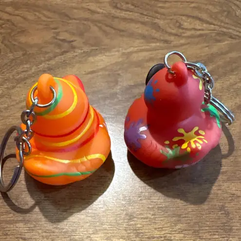 Set of 2 Novelty Rubber Duck Keychains Fun Painted Design Orange Red