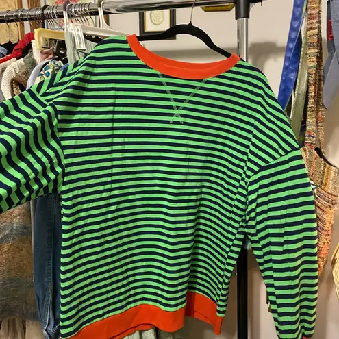 Striped Oversized Long Sleeve Green and Black Crewneck Shirt Top Size Large EUC