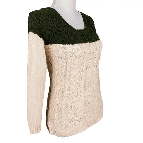 Olive & Oak Sweater S Beige Green Cable Knit Crew