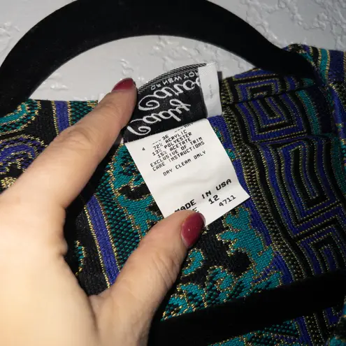 Lady Carol Vintage Blue & Green Art Deco Long Button Up Blazer Size 12