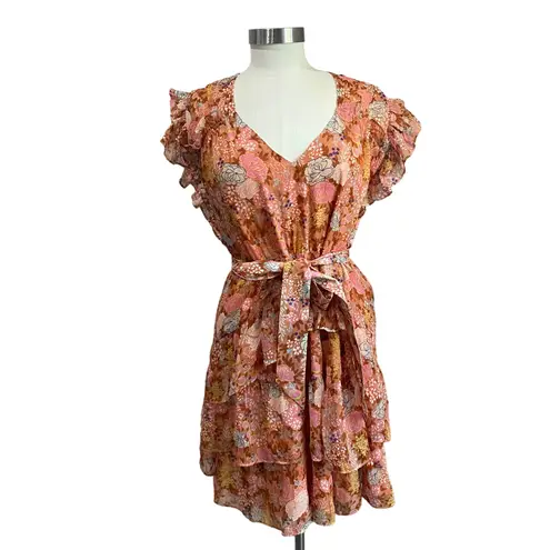 Marie Oliver Thea Silk Floral Mini Dress M Peachy Peonies Belted Ruffle Boho