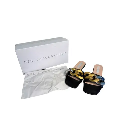 Stella McCartney NIB Falabella Two Tone Chain Embellished Slides in Black Sz 39
