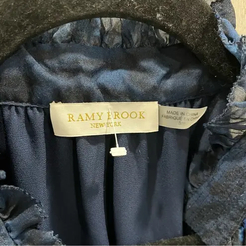 Ramy Brook Blue Allymay Sleeveless Mock Ruffle Leopard Top Blouse Silk Small