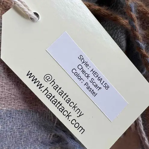 Hat Attack Scarf Plaid Scarf Blue Tan Fringe Ends Blanket Scarf New