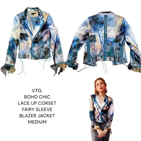 VTG. Y2K BOHO CHIC CORSET FAIRY LACE UP VELVET LINED BLAZER JACKET SZ. 8 MEDIUM Blue
