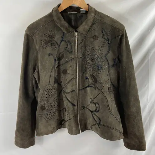 Chico's  Suede Leather Floral Embroidered Zip Up Jacket Brown Size 2 / Large