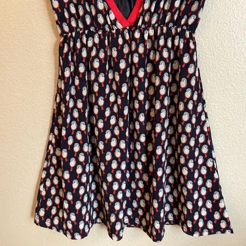 CORA Fit & Flare Deep V Neck Navy Red Bird Dress Size Small Blue