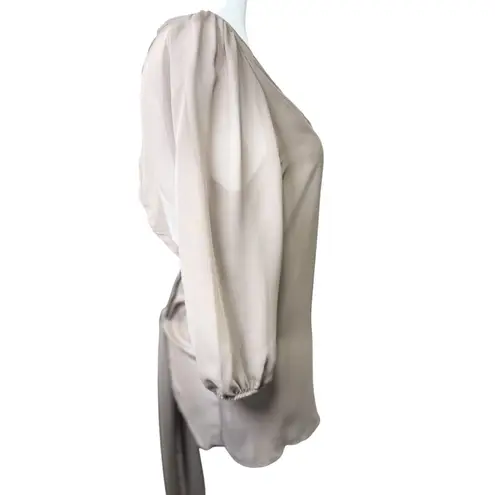 Poetry Size M Sheer Beige Open Back Blouse With Tie Waist & 3/4 Sleeves Womens
